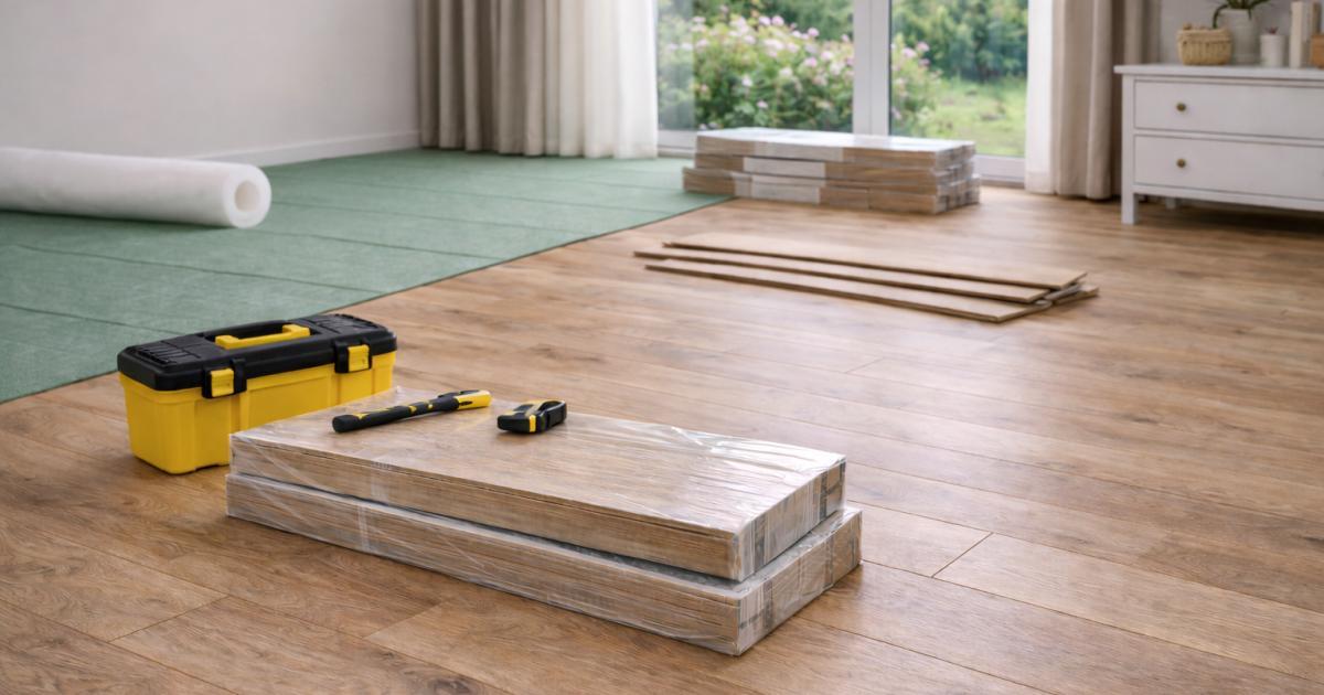 Nieuwe laminaatvloer leggen in woning met ondervloer en planken klaar voor installatie